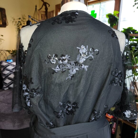 Elegant Black Illusion Mesh Sequin Ruffled Wrap Dress Sz 24W - Picture 7 of 15